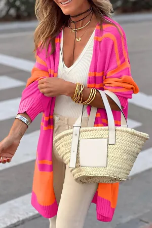 Multicolor Beige Striped Long Sleeve Ribbed Trim Button Cardigan