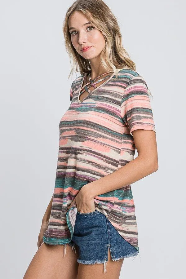 Multicolor Striped Criss-Cross V-Neck Tee