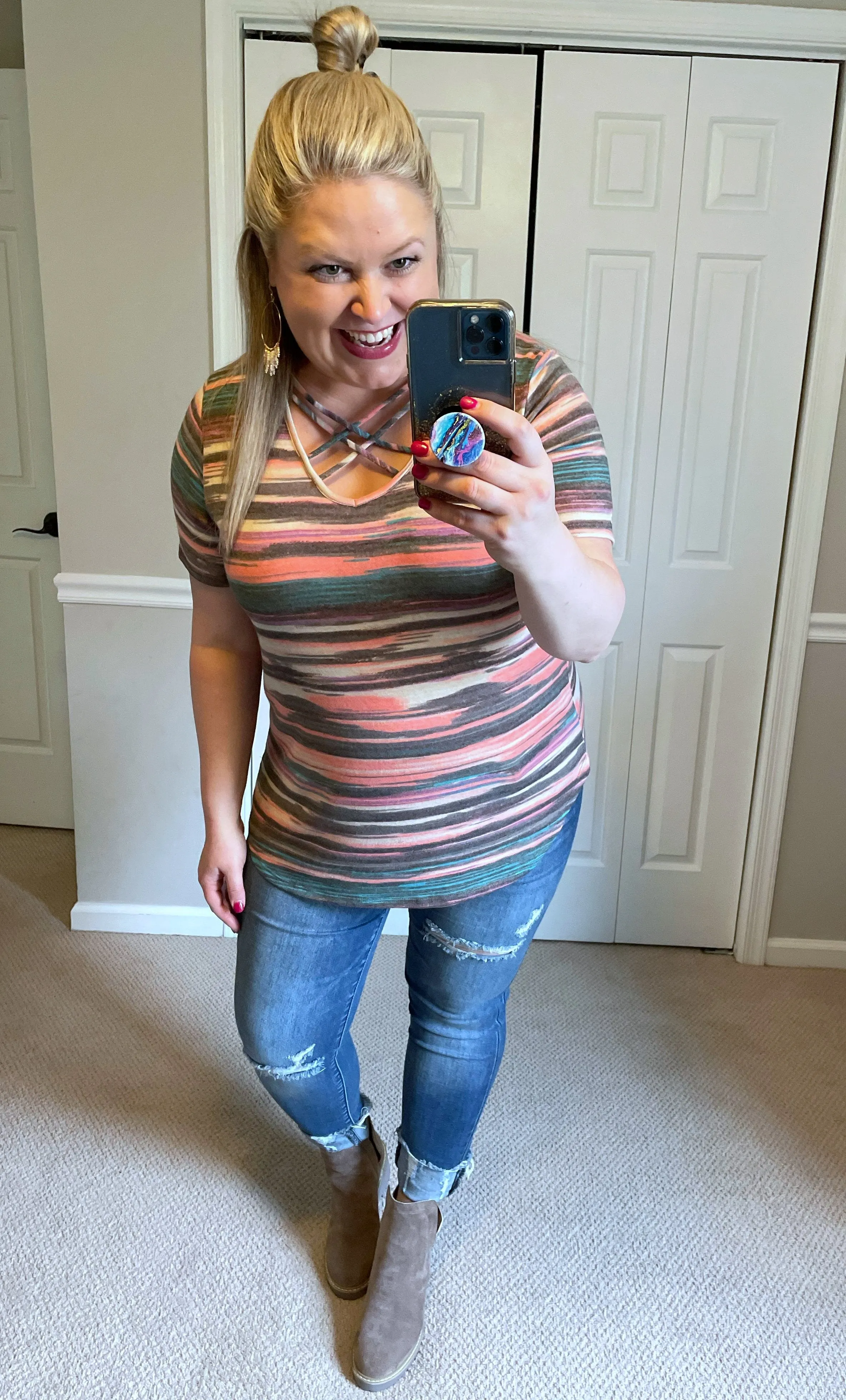 Multicolor Striped Criss-Cross V-Neck Tee