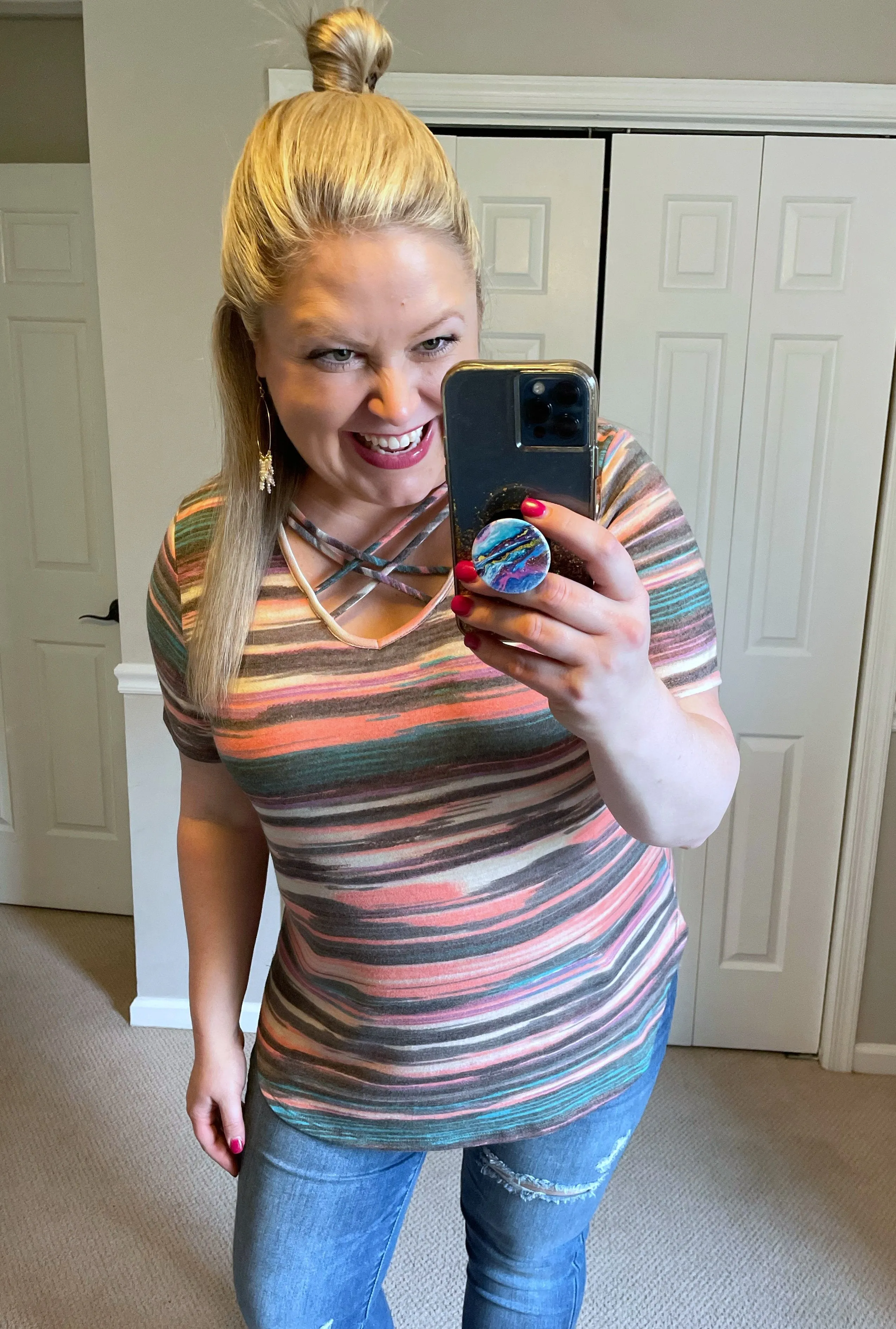 Multicolor Striped Criss-Cross V-Neck Tee