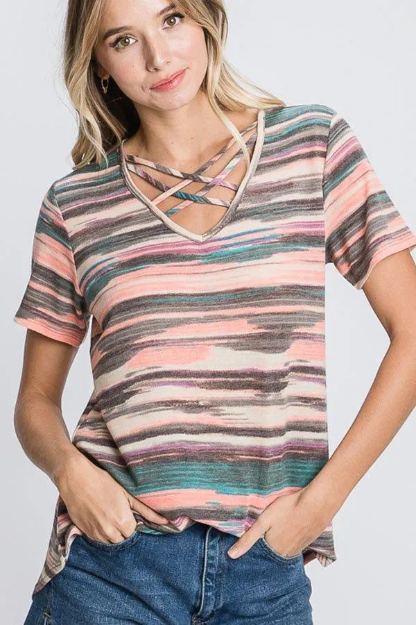 Multicolor Striped Criss-Cross V-Neck Tee