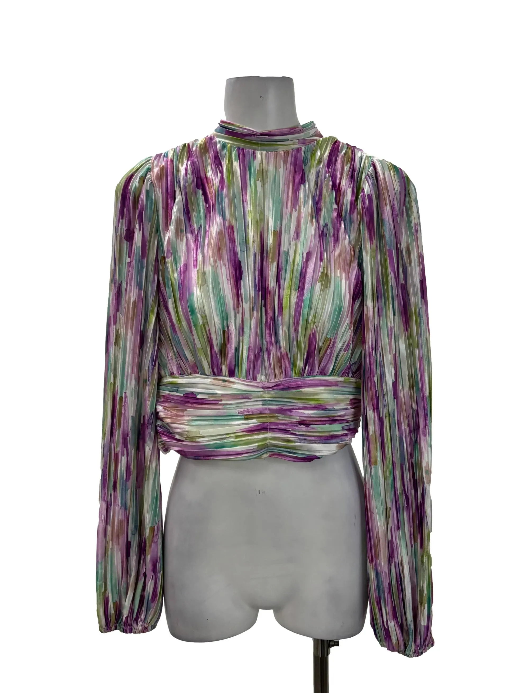 Multicolour Pleated High Roundneck Blouse