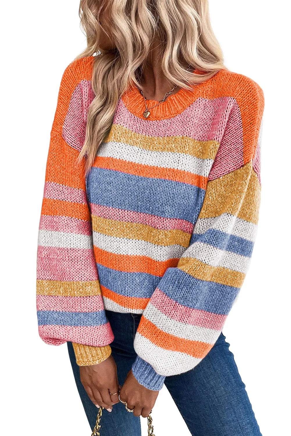 Multicolour Striped Knit Drop Shoulder Puff Sleeve Sweater