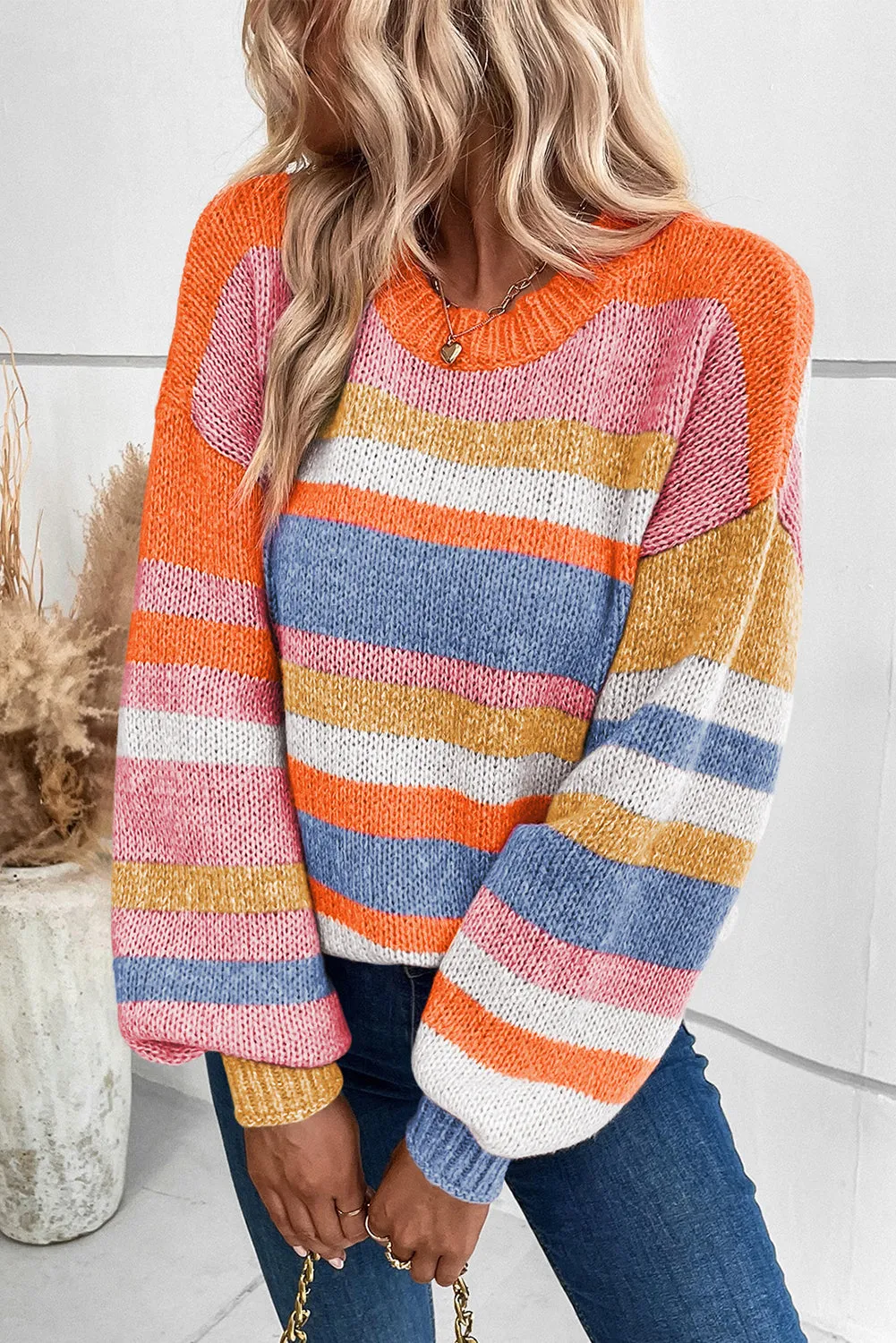 Multicolour Striped Knit Drop Shoulder Puff Sleeve Sweater