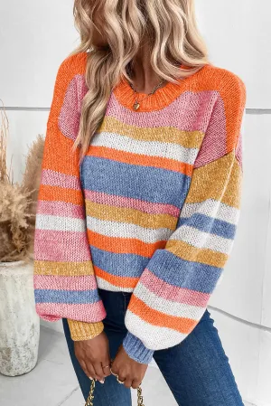 Multicolour Striped Knit Drop Shoulder Puff Sleeve Sweater