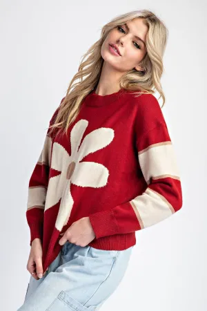 Nala Flower Striped Long Sleeve Sweater - Merlot
