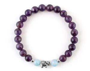 Natural amethyst and aquamarine bracelet with silver elephant bead for girl