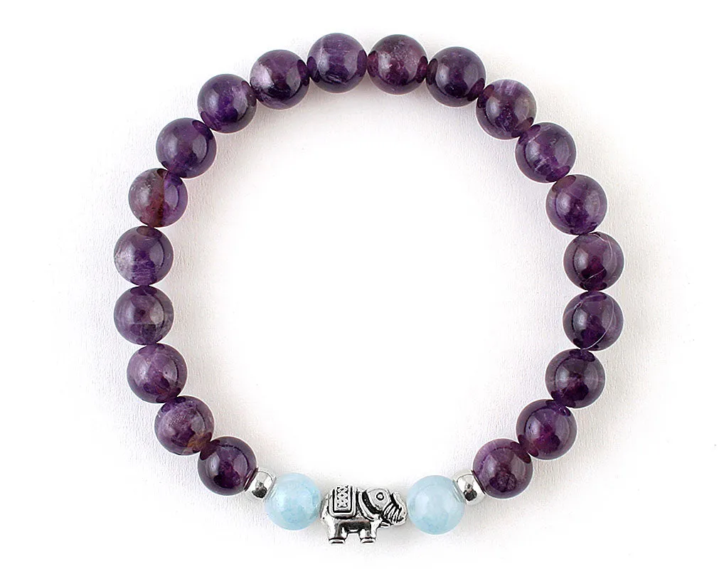 Natural amethyst and aquamarine bracelet with silver elephant bead for girl