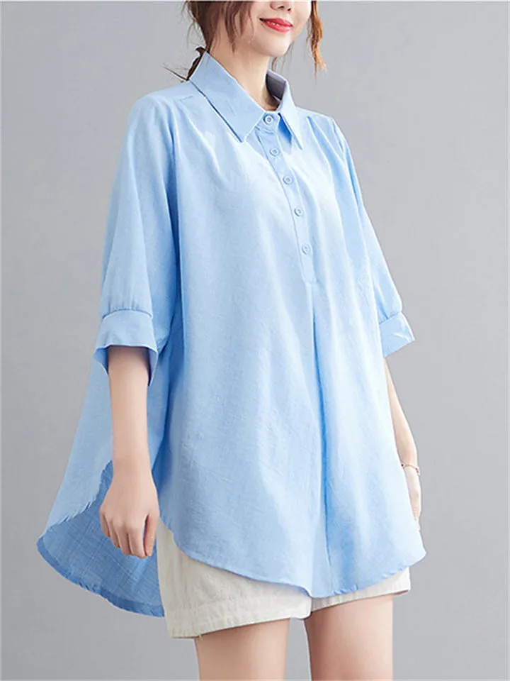 Natural Linen Solid Color Cozy Loose Shirt for Women