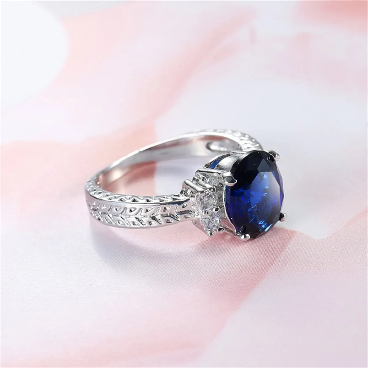 Navy Crystal & Cubic Zirconia Oval-Cut Flush-Band Ring