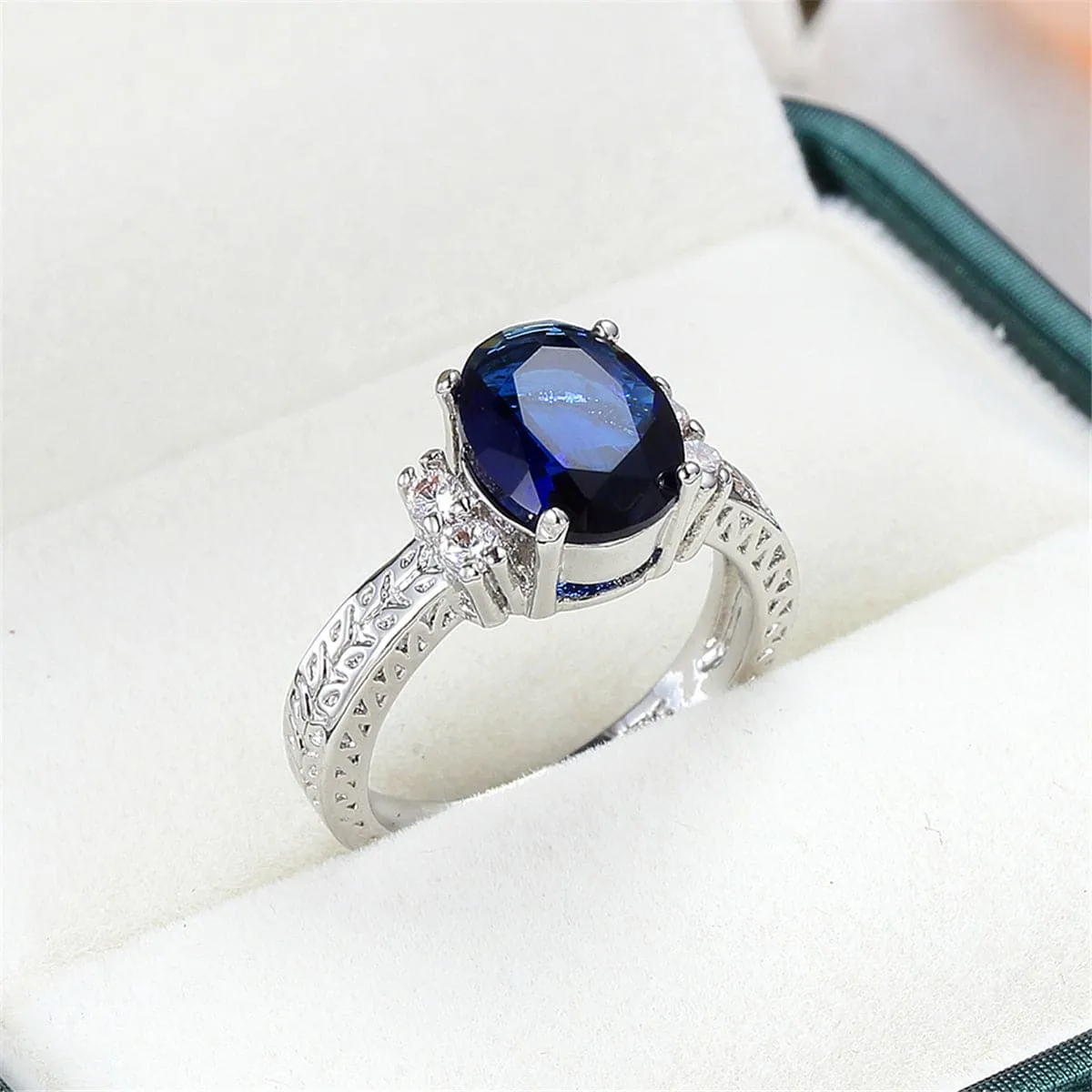 Navy Crystal & Cubic Zirconia Oval-Cut Flush-Band Ring