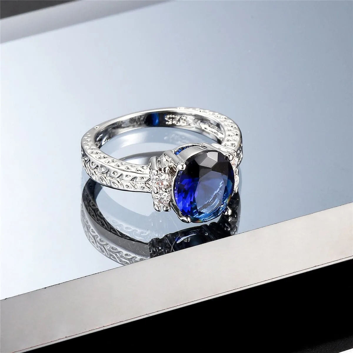 Navy Crystal & Cubic Zirconia Oval-Cut Flush-Band Ring