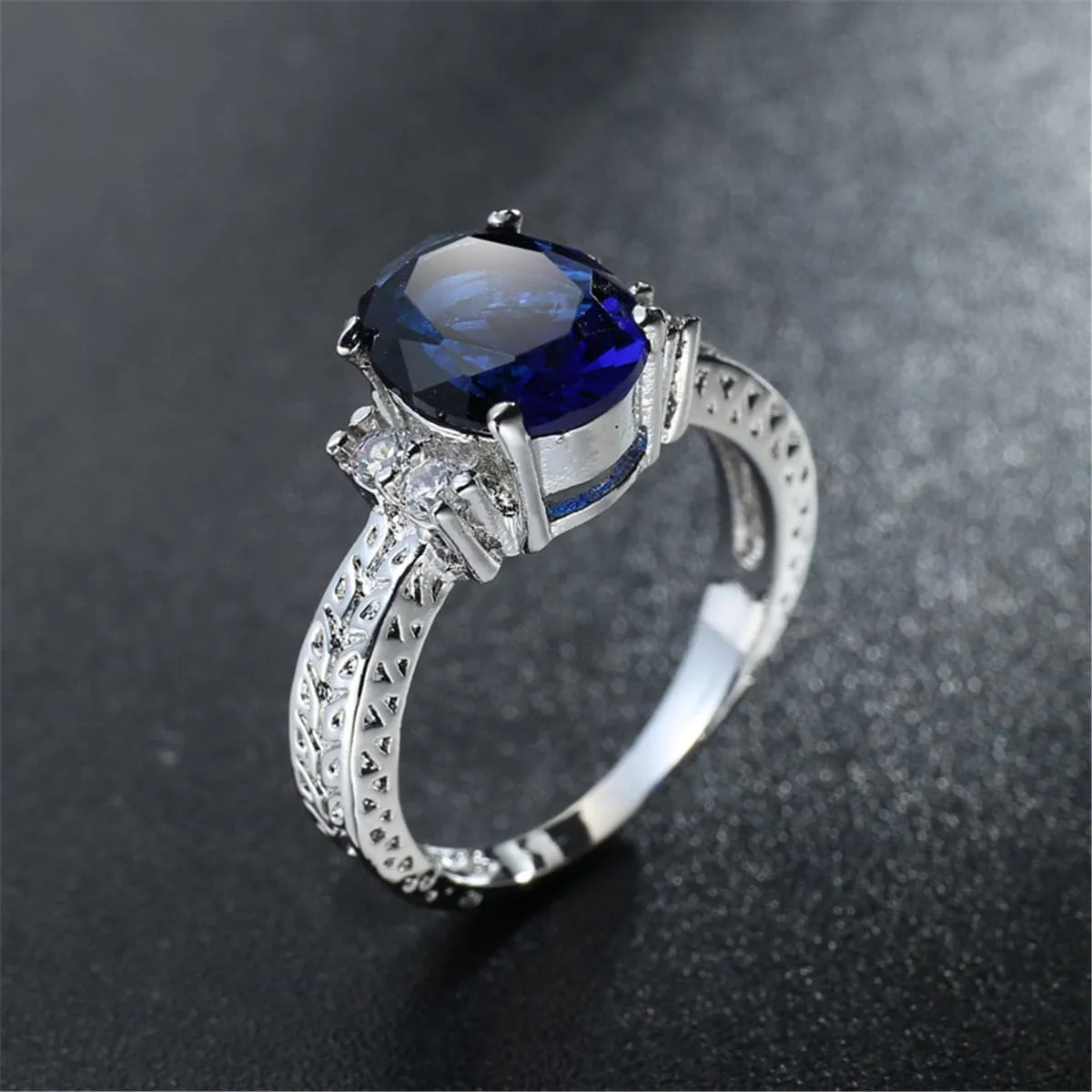 Navy Crystal & Cubic Zirconia Oval-Cut Flush-Band Ring