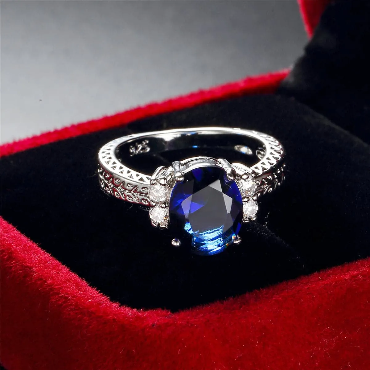 Navy Crystal & Cubic Zirconia Oval-Cut Flush-Band Ring