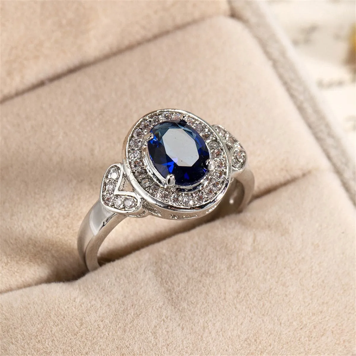 Navy Crystal & Cubic Zirconia Silver-Plated Heart Hola Ring