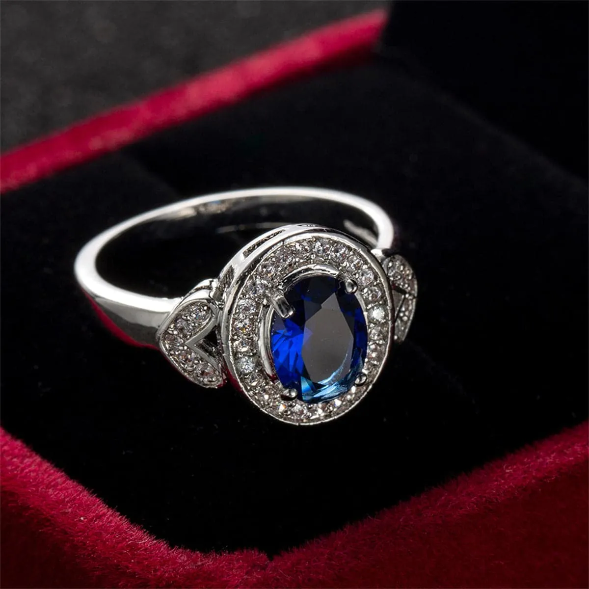Navy Crystal & Cubic Zirconia Silver-Plated Heart Hola Ring