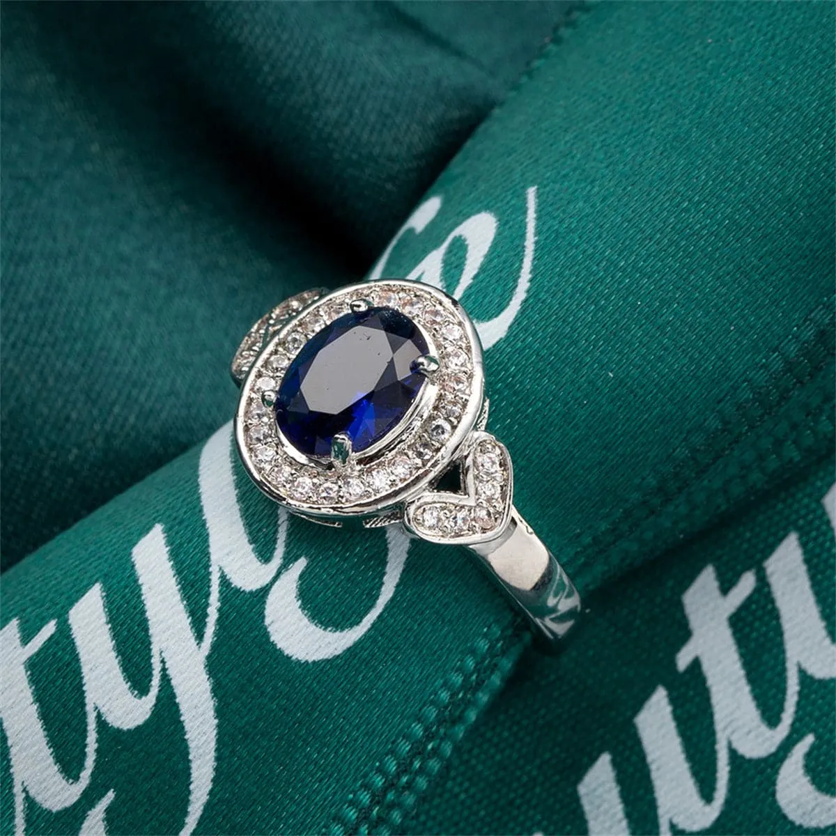Navy Crystal & Cubic Zirconia Silver-Plated Heart Hola Ring