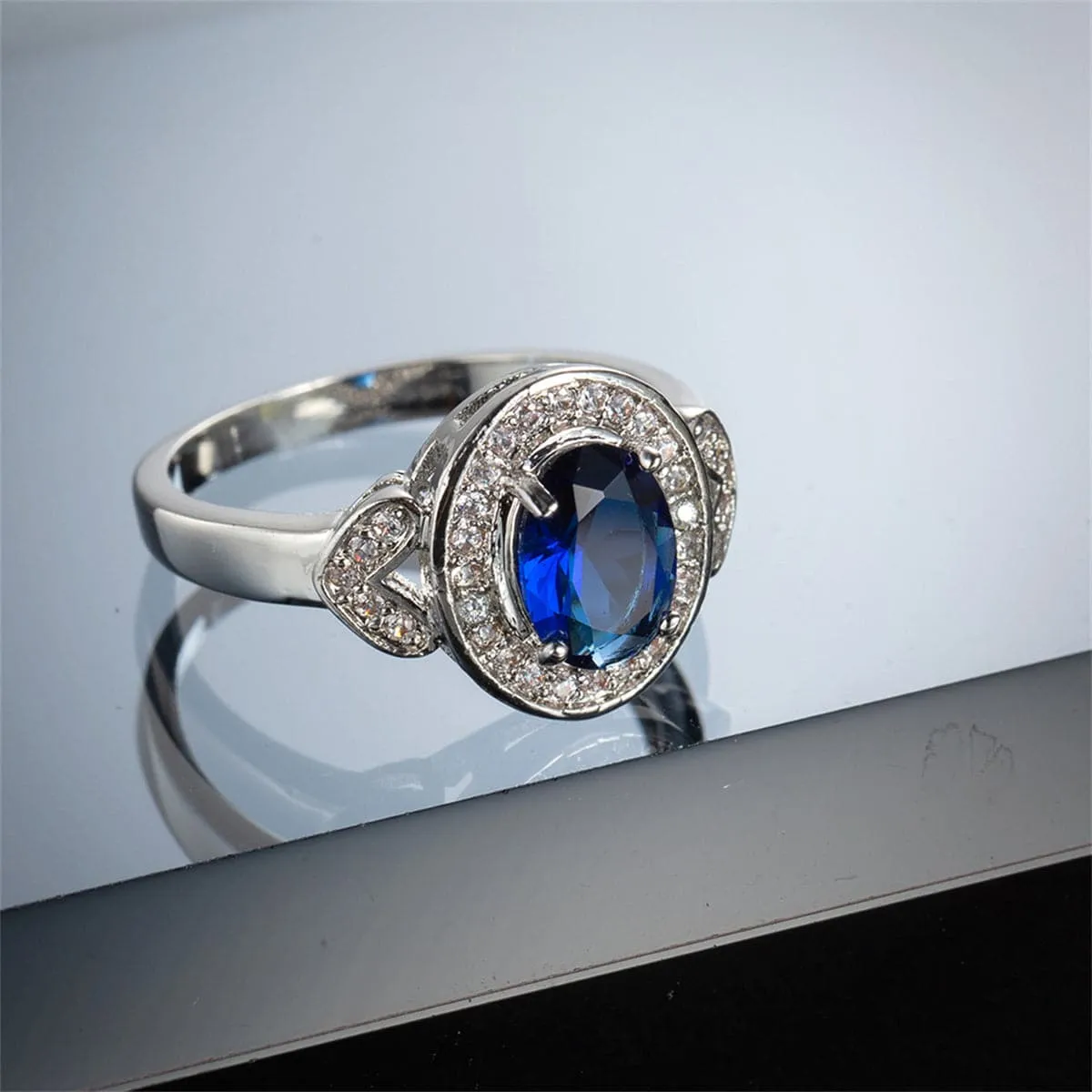 Navy Crystal & Cubic Zirconia Silver-Plated Heart Hola Ring