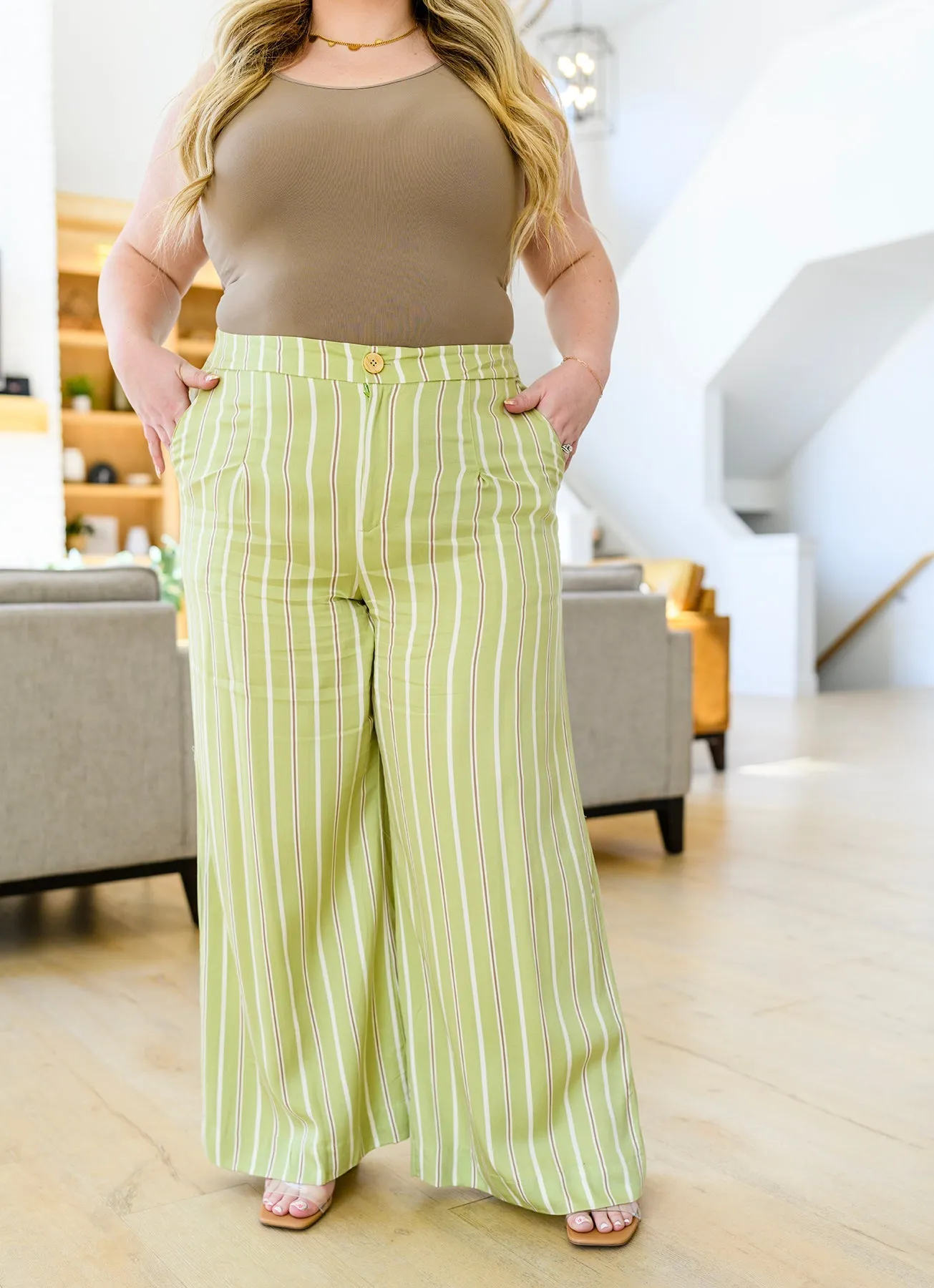 Never Underrated Striped Wide-Leg Trousers in Spring Green