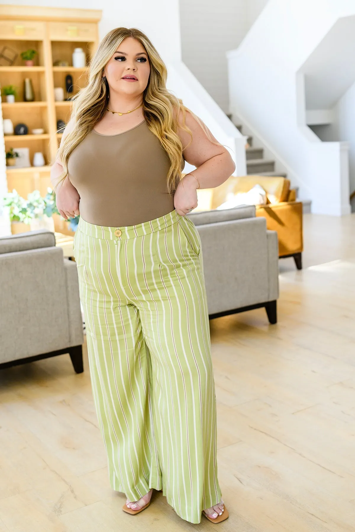Never Underrated Striped Wide-Leg Trousers in Spring Green