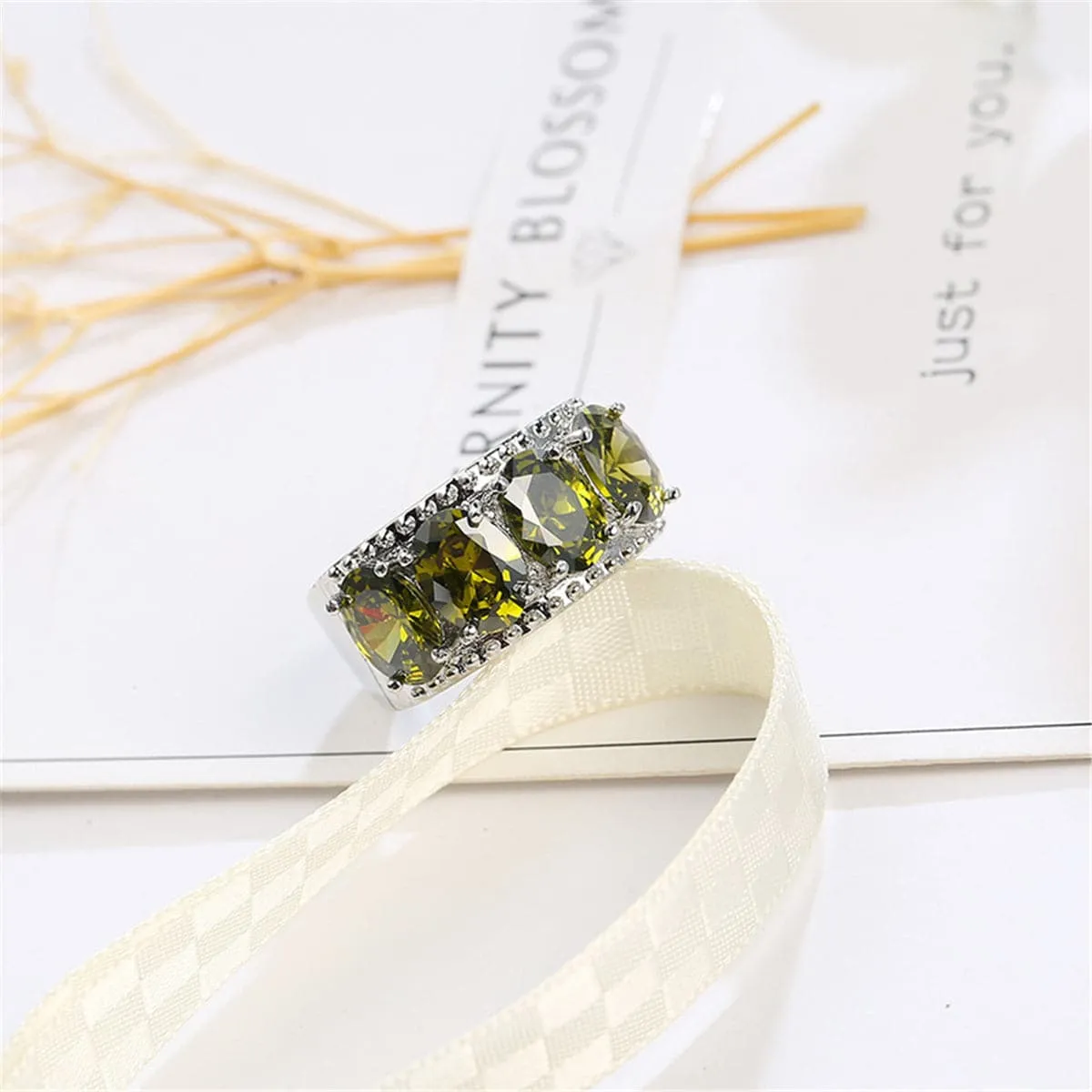 Olive Crystal & Silver-Plated Prong Ring