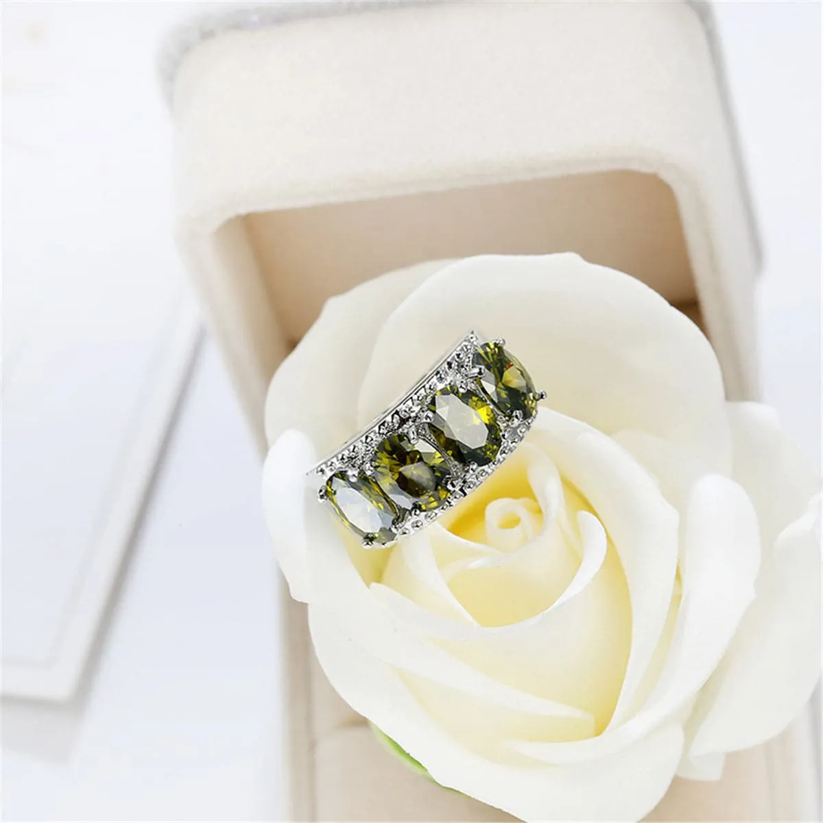 Olive Crystal & Silver-Plated Prong Ring