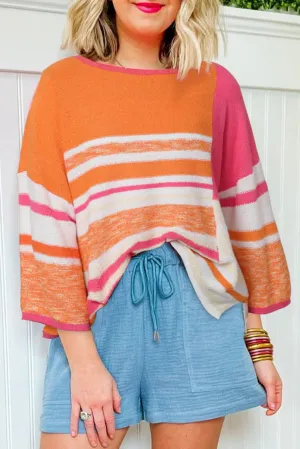 Orange Color Block Striped Three-Quarter Sleeve Knitted Top