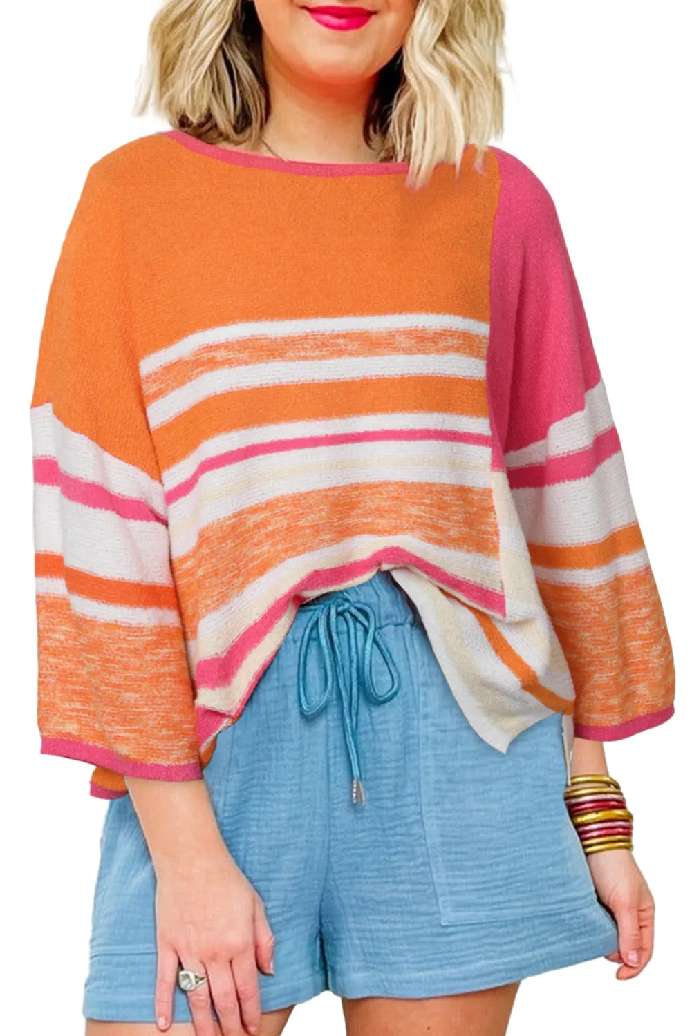 Orange Color Block Striped Three-Quarter Sleeve Knitted Top