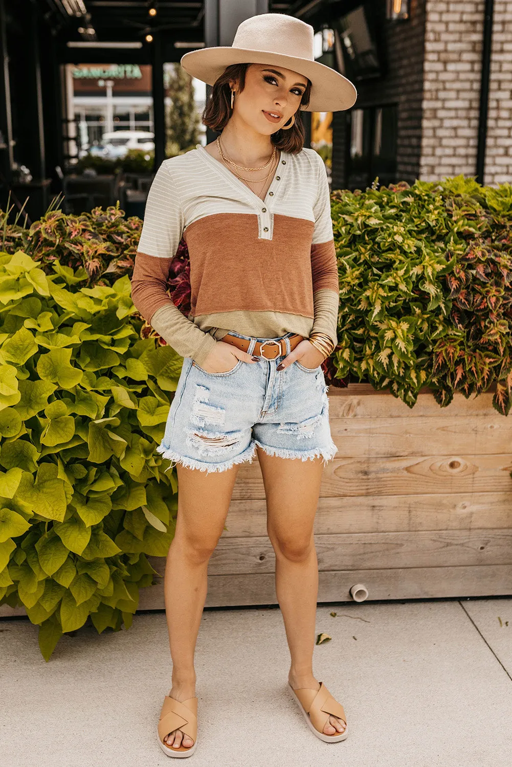 Orange Striped Color Block Henley Top