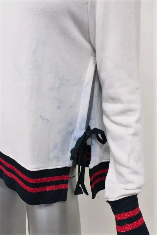 Pam & Gela Side Slit Sweatshirt with Striped Trim White/Blue Tie Dye Size Small