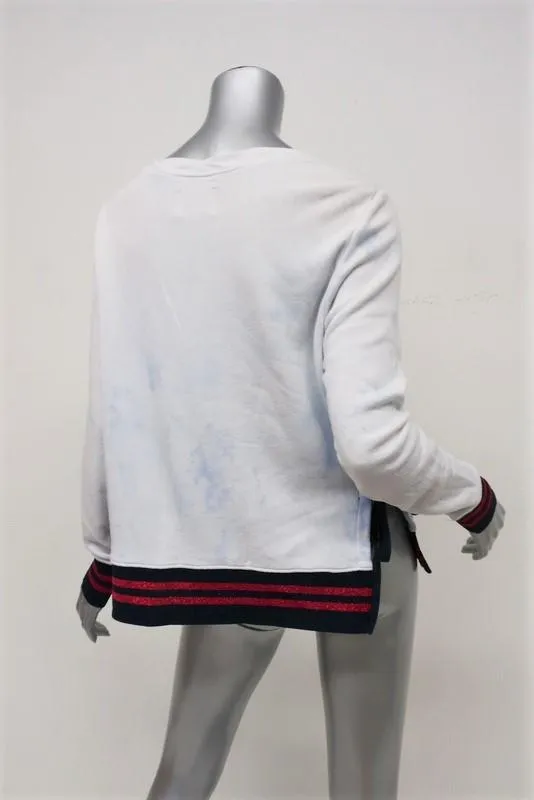 Pam & Gela Side Slit Sweatshirt with Striped Trim White/Blue Tie Dye Size Small
