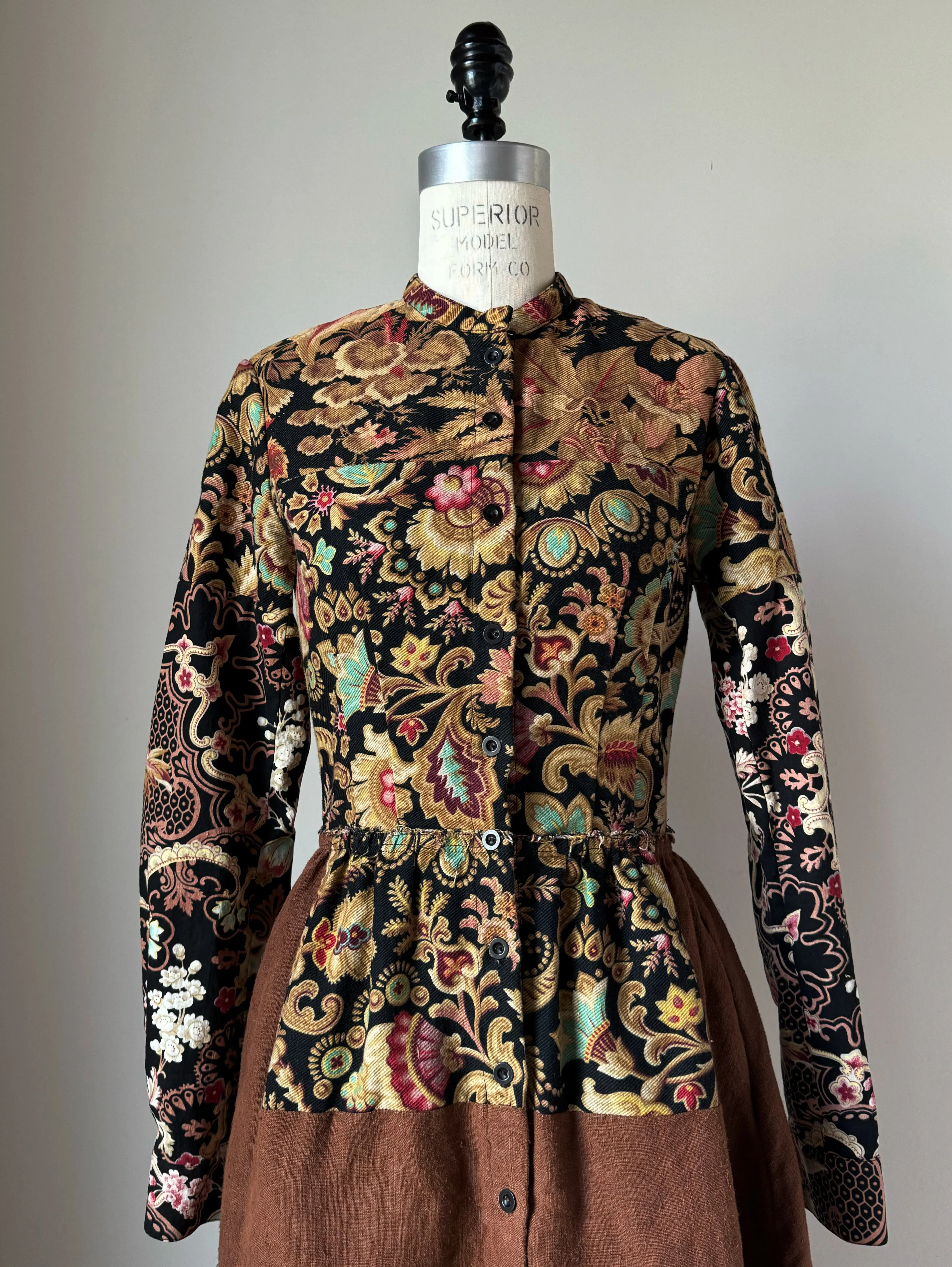 patched antique florals worker dress XS