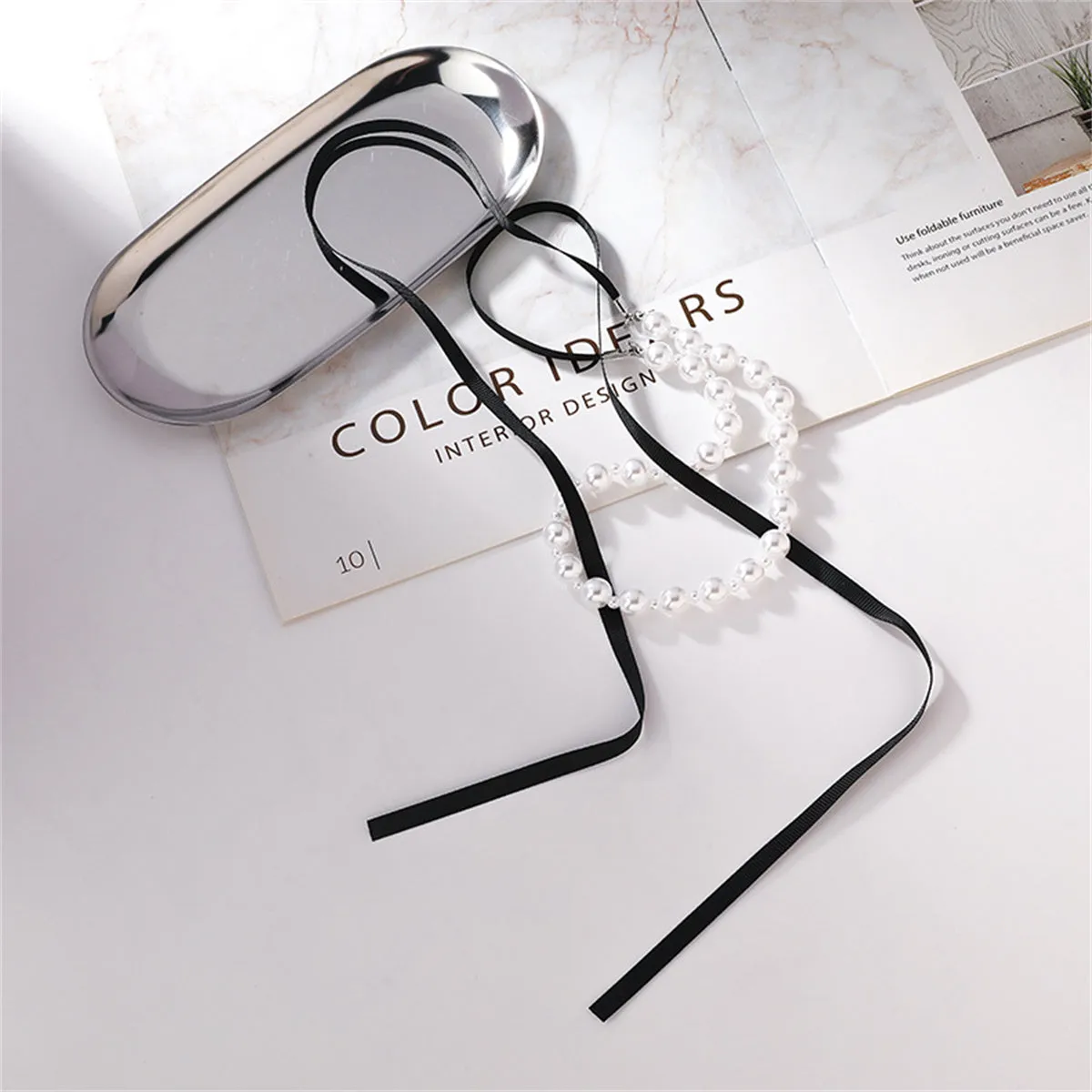 Pearl & Black Polyster Bow Choker Necklace
