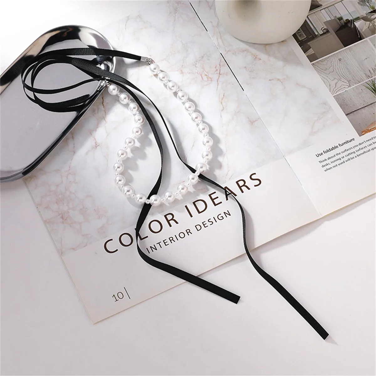Pearl & Black Polyster Bow Choker Necklace