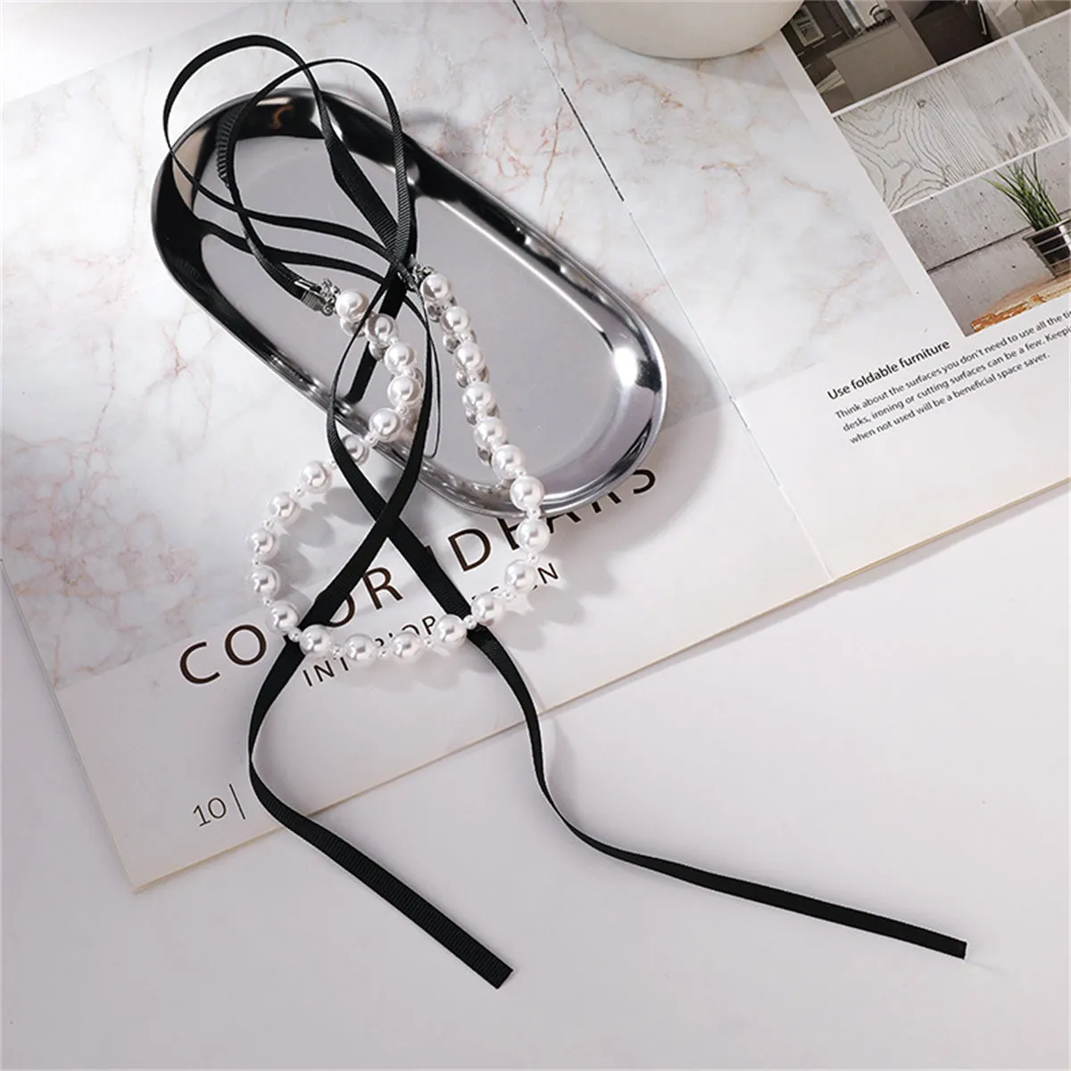Pearl & Black Polyster Bow Choker Necklace