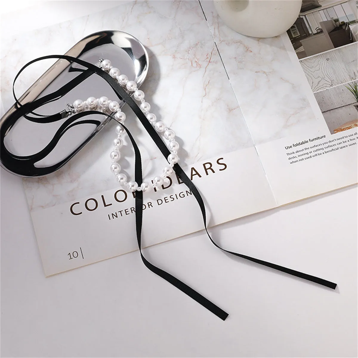 Pearl & Black Polyster Bow Choker Necklace