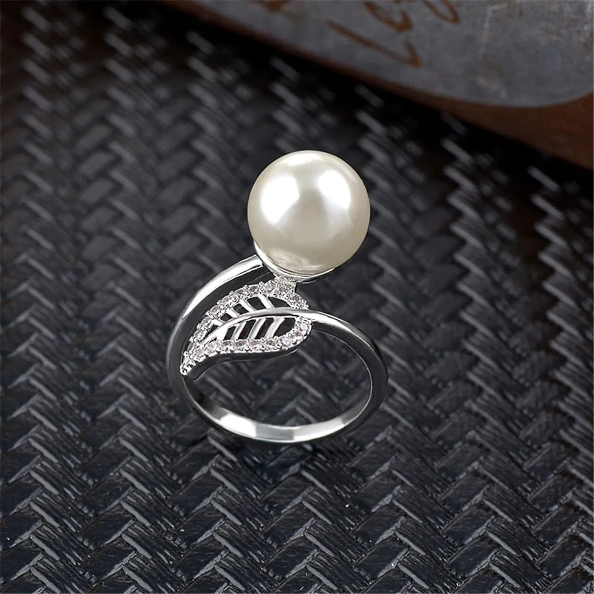 Pearl & Cubic Zirconia Silver-Plated Leaf Bypass Ring