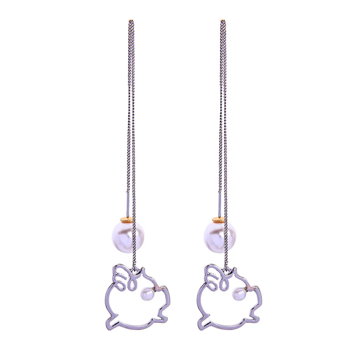 Pearl & Silver-Plated Open-Pig Threader Earrings