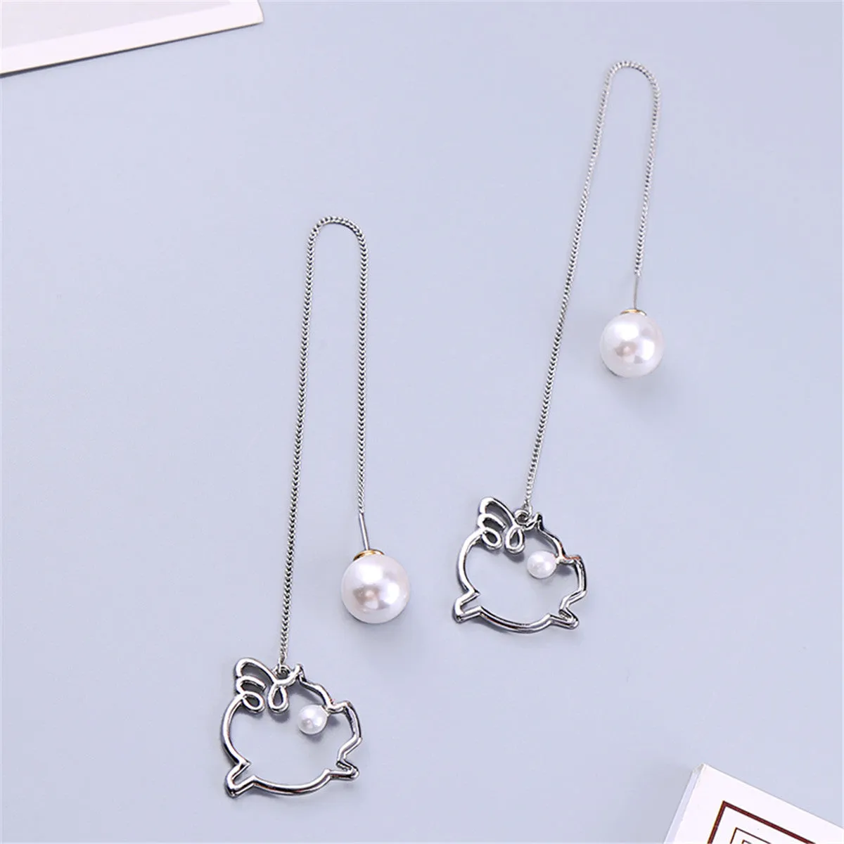 Pearl & Silver-Plated Open-Pig Threader Earrings