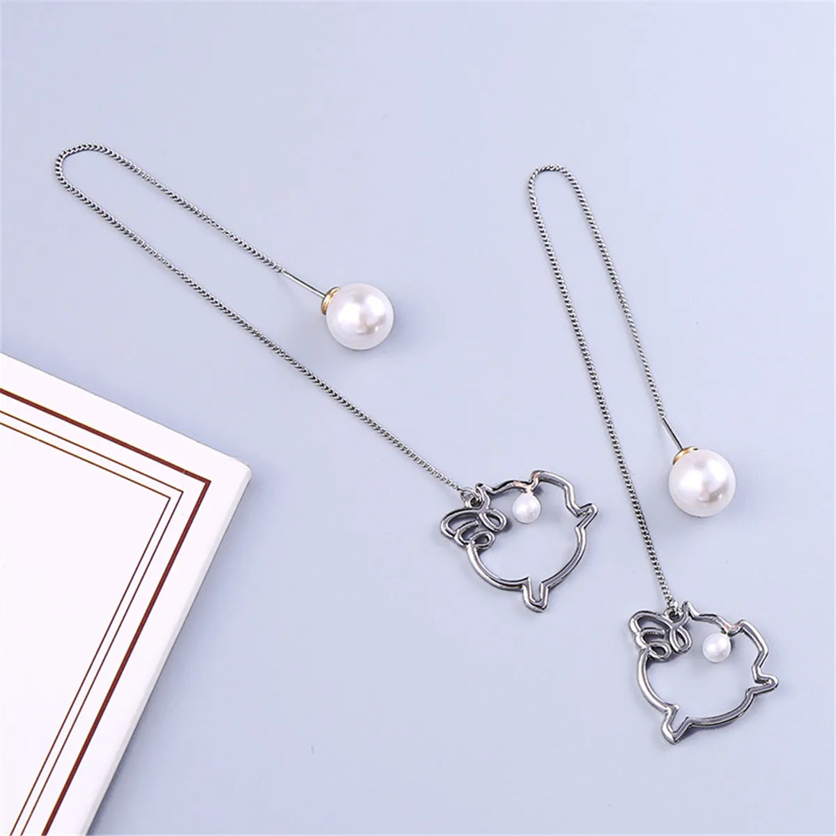 Pearl & Silver-Plated Open-Pig Threader Earrings