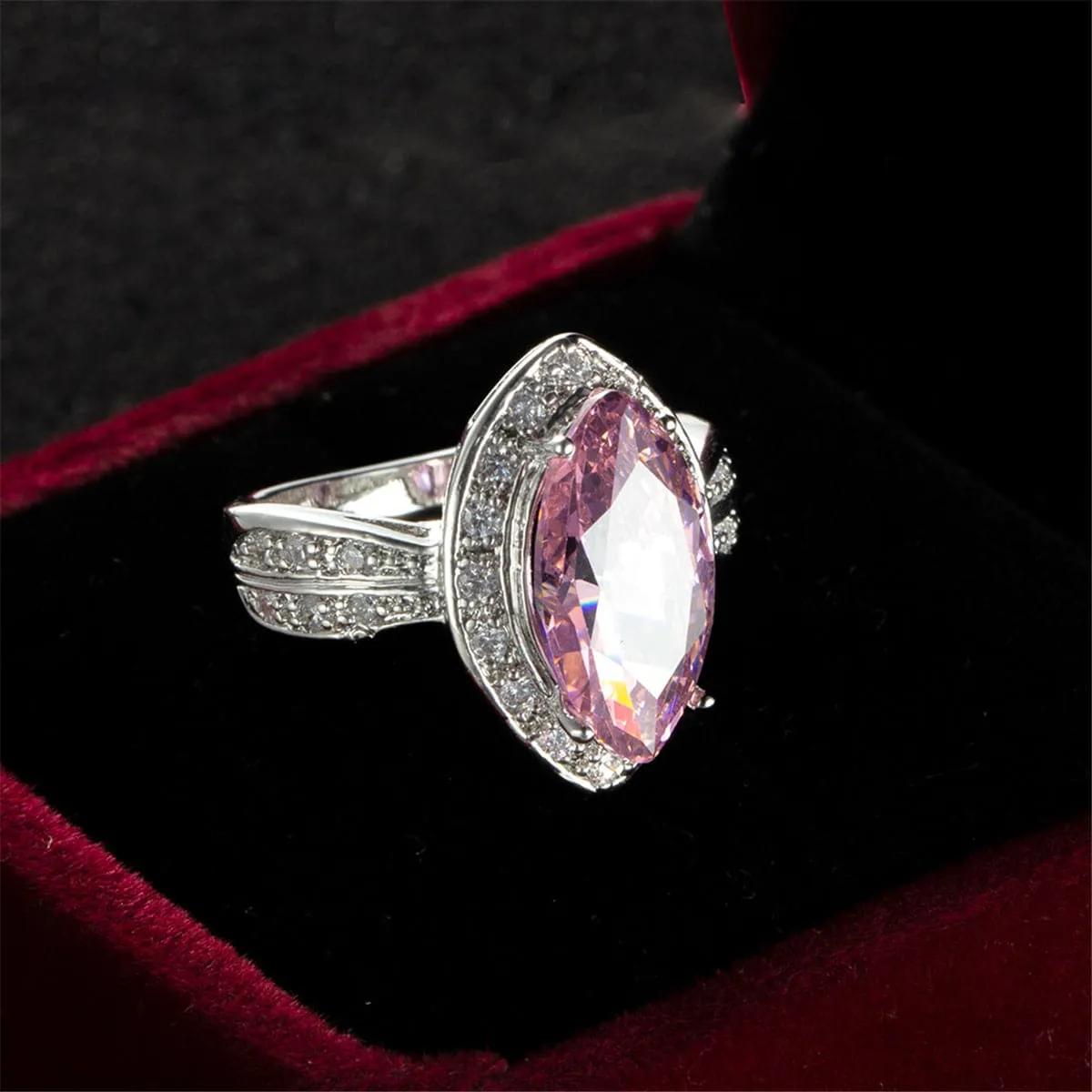 Pink Cubic Zirconia & Crystal Halo Marquise Ring