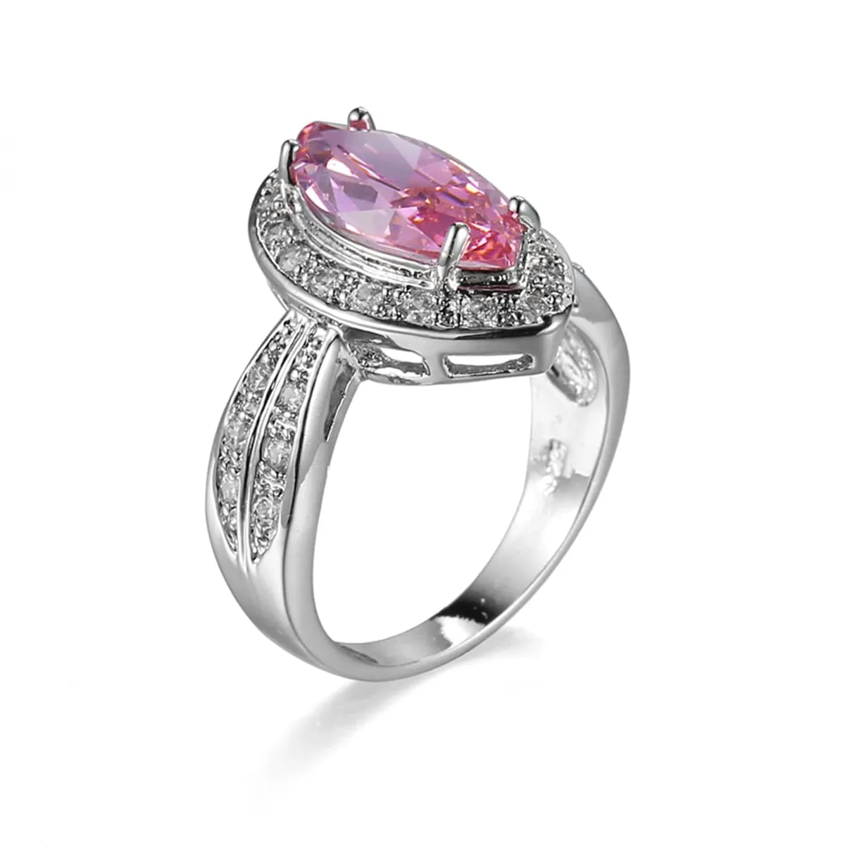 Pink Cubic Zirconia & Crystal Halo Marquise Ring