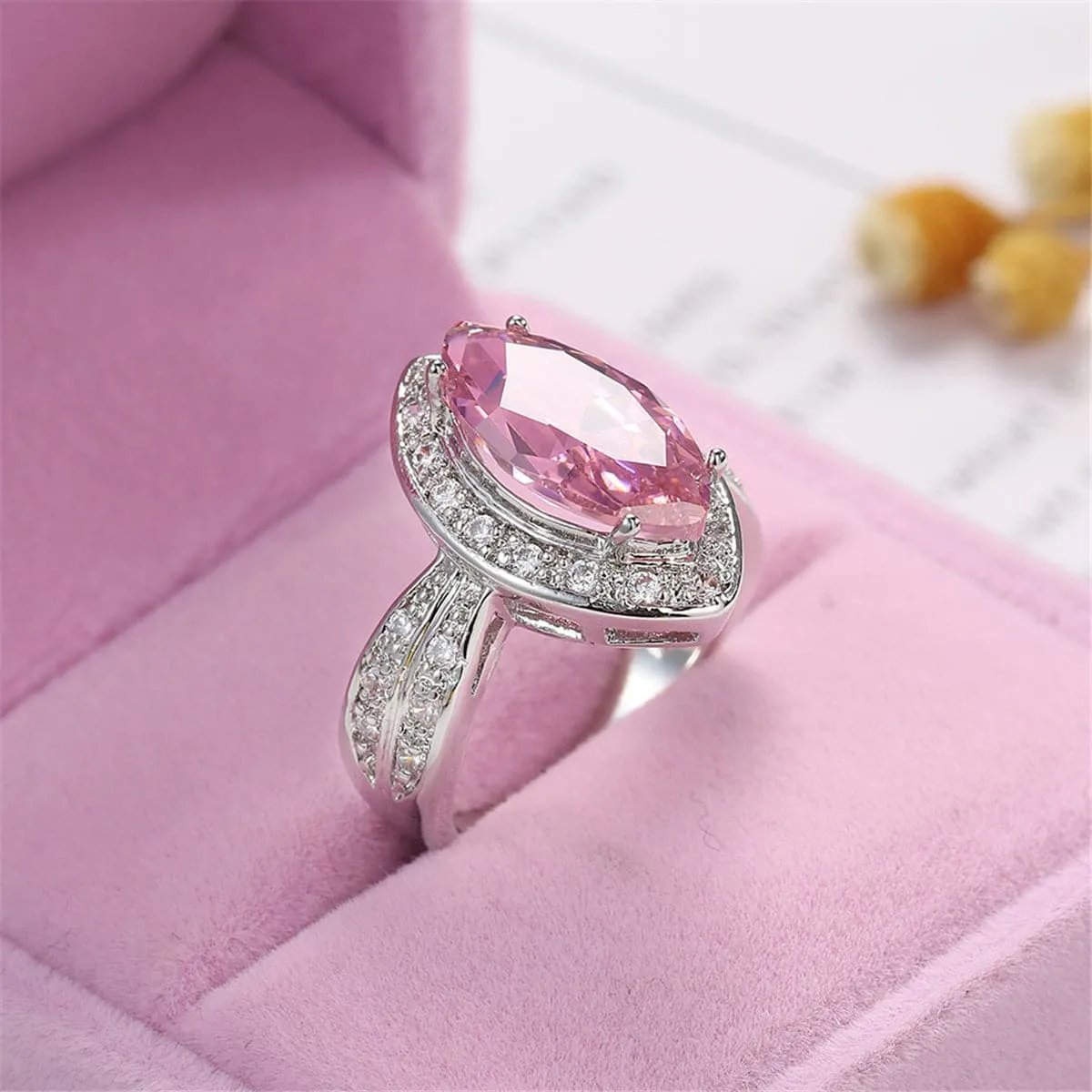 Pink Cubic Zirconia & Crystal Halo Marquise Ring