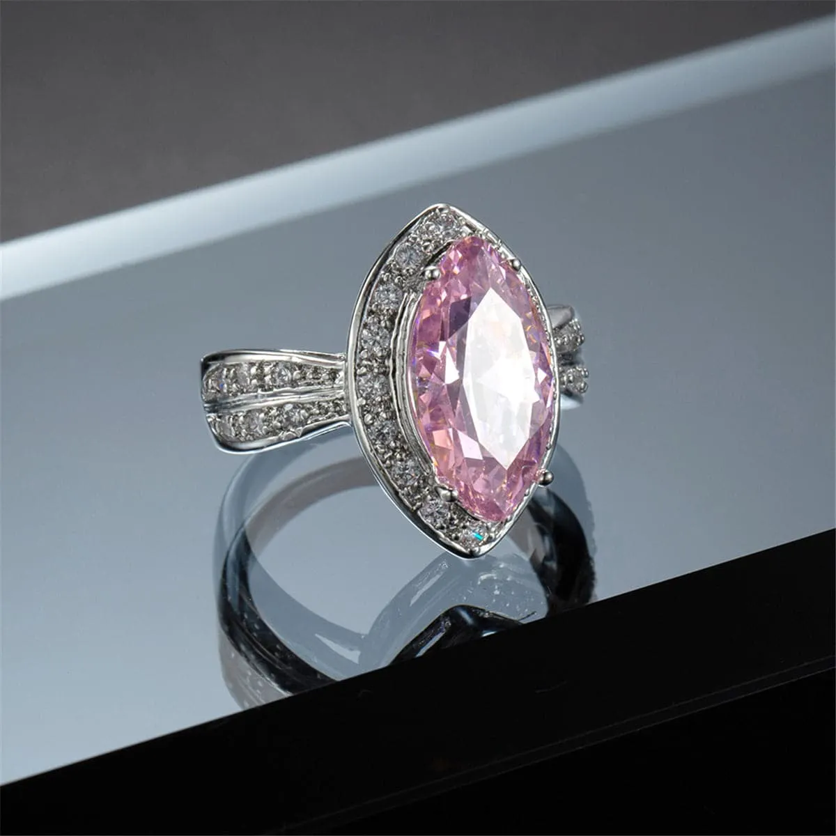 Pink Cubic Zirconia & Crystal Halo Marquise Ring