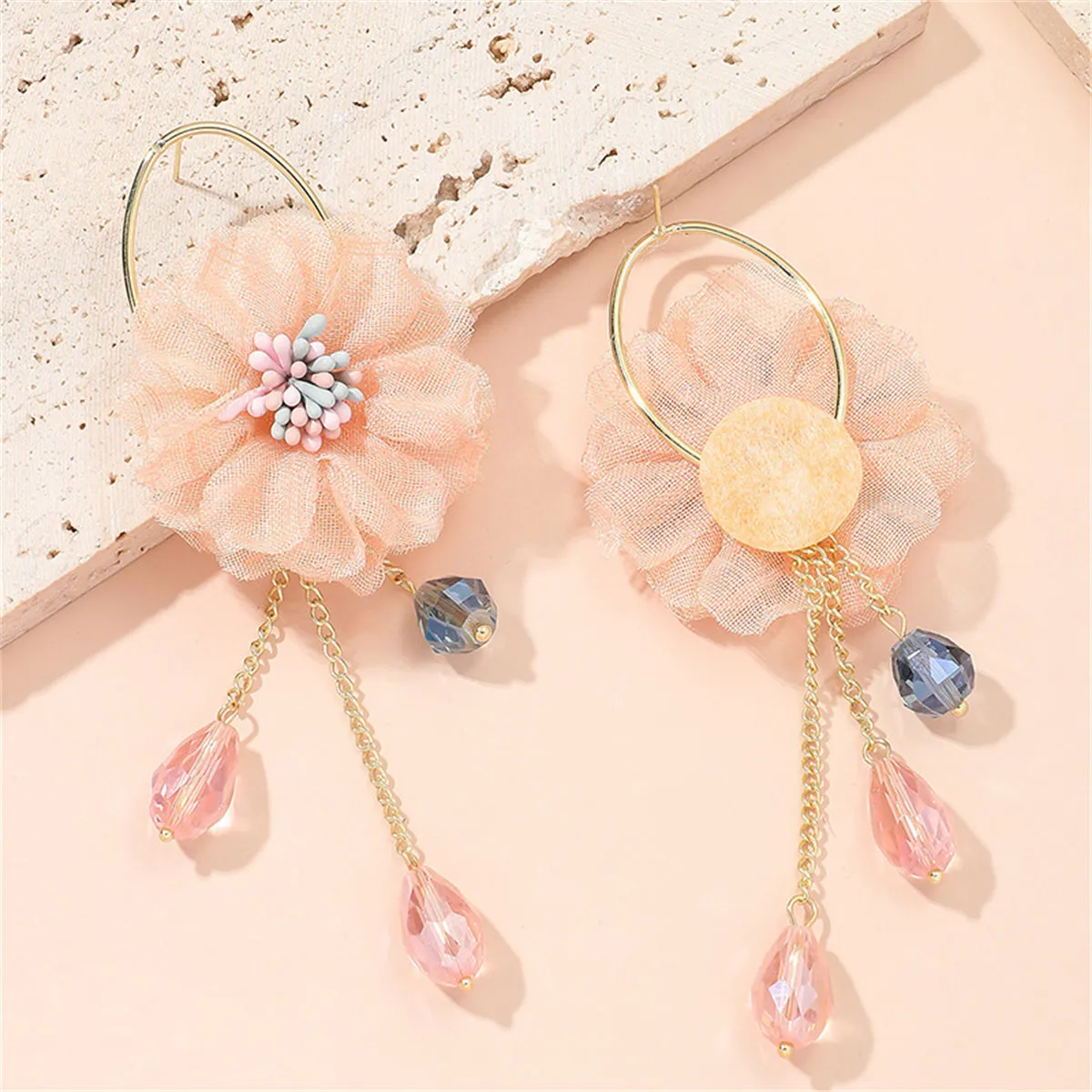 Pink Polyester & Acrylic Floral Tassel Drop Earrings