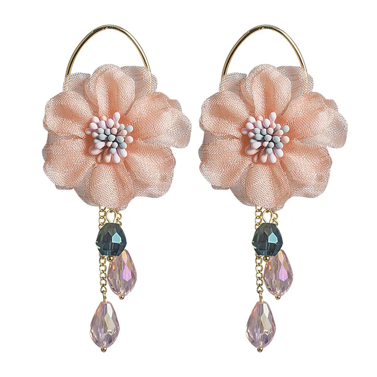 Pink Polyester & Acrylic Floral Tassel Drop Earrings