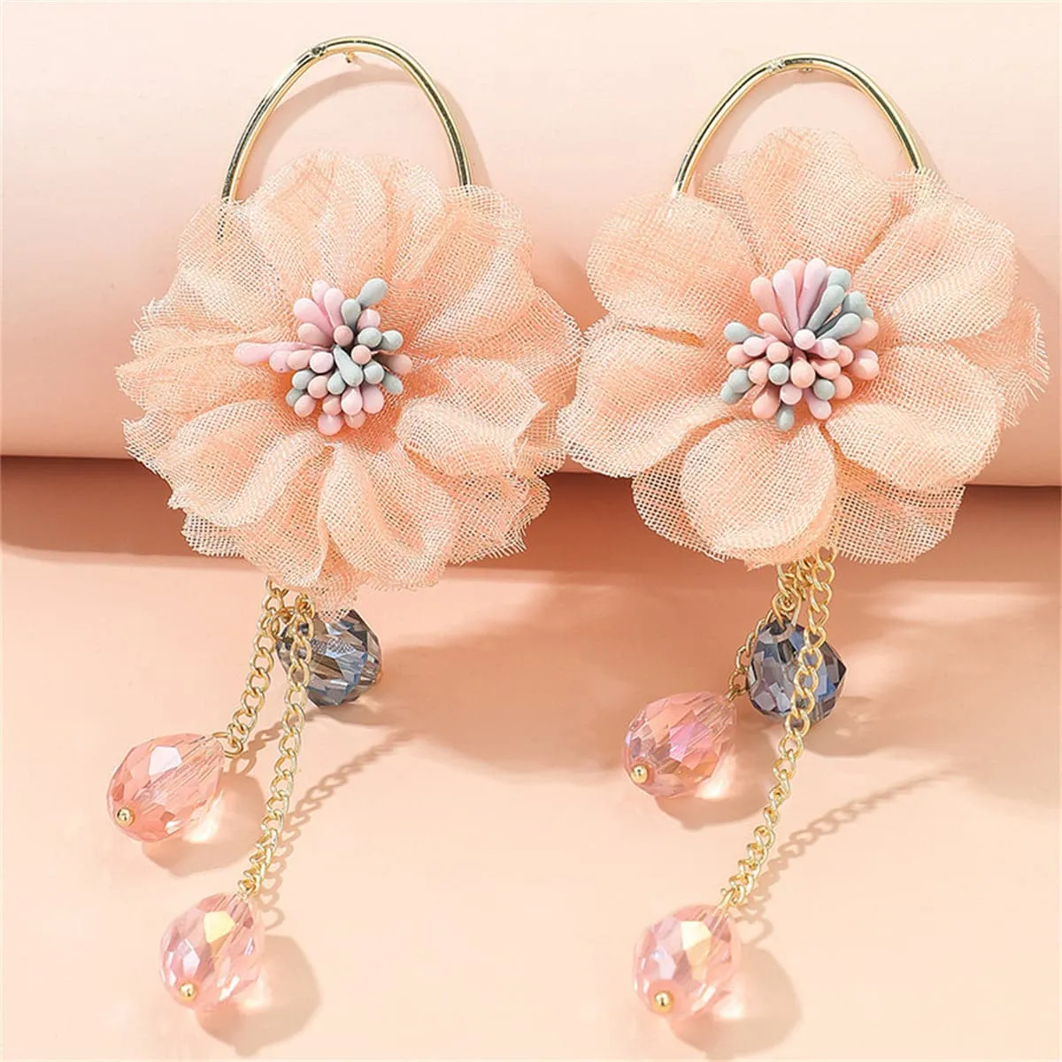 Pink Polyester & Acrylic Floral Tassel Drop Earrings