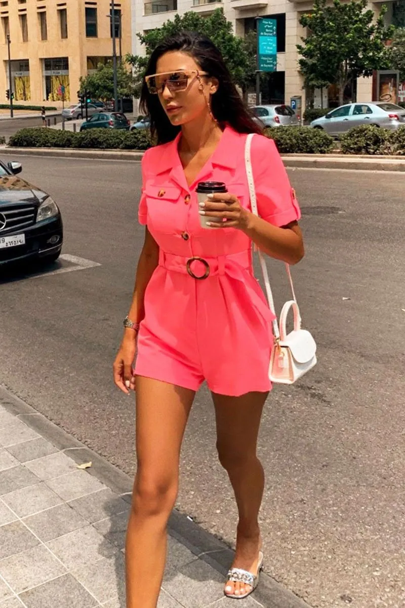 Pink Short Sleeve Button Front Resin Belted Playsuit - Caasi