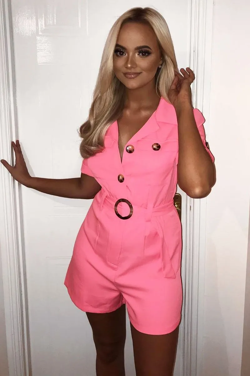 Pink Short Sleeve Button Front Resin Belted Playsuit - Caasi