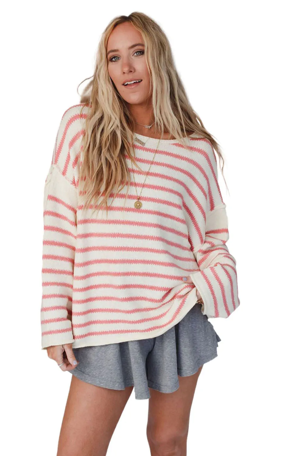 Pink Striped Drop Shoulder Oversized Sweater